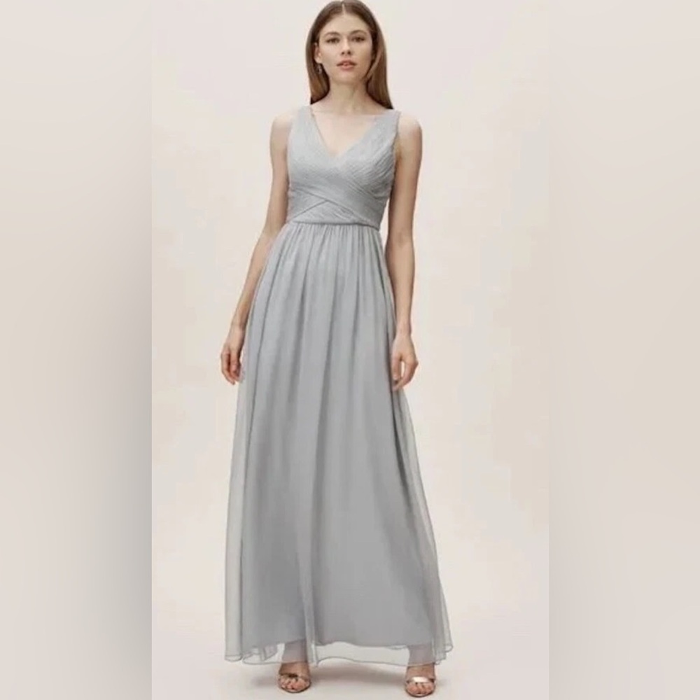 BHLDN Anthro M Wedding Kia Sleeveless Maxi Bridesmaid Dress Fog Chiffon V Neck
